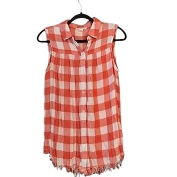 Beachlunchlounge Raw Hem Orange White Check Sleeveless Blouse Shirt SP Country - Picture 1 of 10